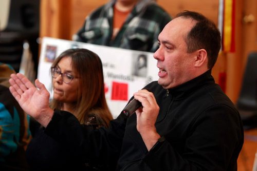 BORIS MINKEVICH / WINNIPEG FREE PRESS
Sixties Scoop Adoptees are calling the Proposed Sixties Scoop Settlement Garbage. Press conference at Thunderbird House. From left, Priscilla Meeches and Stewart Garnett(speaking). ALEXANDRA PAUL STORY. Feb. 16, 2018