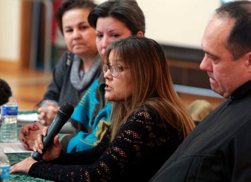 BORIS MINKEVICH / WINNIPEG FREE PRESS
Sixties Scoop Adoptees are calling the Proposed Sixties Scoop Settlement Garbage. Press conference at Thunderbird House. From left, Jocelyn Bourbonnais, Coleen Rajotte, Priscilla Meeches (speaking), and Stewart Garnett. ALEXANDRA PAUL STORY. Feb. 16, 2018