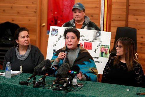 BORIS MINKEVICH / WINNIPEG FREE PRESS
Sixties Scoop Adoptees are calling the Proposed Sixties Scoop Settlement Garbage. Press conference at Thunderbird House. From left front, Jocelyn Bourbonnais, Coleen Rajotte, and Priscilla Meeches. Holding sign behind is Harold Joseph Longclaws. ALEXANDRA PAUL STORY. Feb. 16, 2018