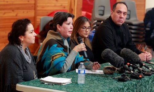 BORIS MINKEVICH / WINNIPEG FREE PRESS
Sixties Scoop Adoptees are calling the Proposed Sixties Scoop Settlement Garbage. Press conference at Thunderbird House. From left, Jocelyn Bourbonnais, Coleen Rajotte (speaking), Priscilla Meeches, and Stewart Garnett. ALEXANDRA PAUL STORY. Feb. 16, 2018