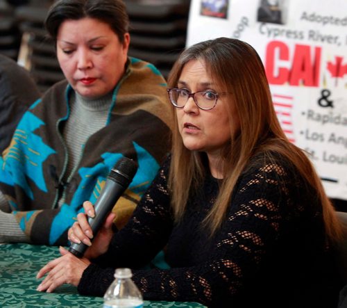 BORIS MINKEVICH / WINNIPEG FREE PRESS
Sixties Scoop Adoptees are calling the Proposed Sixties Scoop Settlement Garbage. Press conference at Thunderbird House. From left, Coleen Rajotte and Priscilla Meeches (speaking). ALEXANDRA PAUL STORY. Feb. 16, 2018