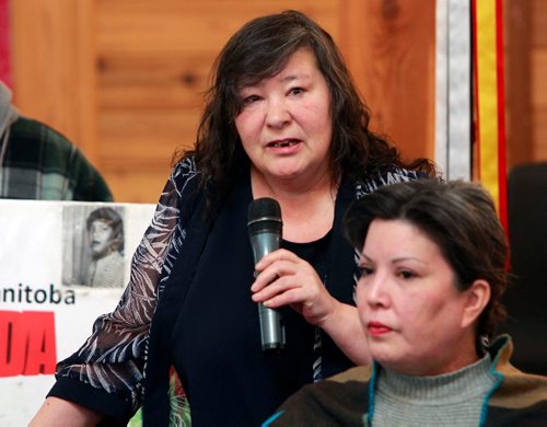 BORIS MINKEVICH / WINNIPEG FREE PRESS
Sixties Scoop Adoptees are calling the Proposed Sixties Scoop Settlement Garbage. Press conference at Thunderbird House. From left, Carla Williams (speaking) and Coleen Rajotte. ALEXANDRA PAUL STORY. Feb. 16, 2018