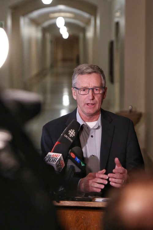 MIKE DEAL / WINNIPEG FREE PRESS
Blaine Pedersen, Growth, Enterprise and Trade Minister announces the governments conditional acceptance of proposals to operate cannabis stores. 
180216 - Friday, February 16, 2018.