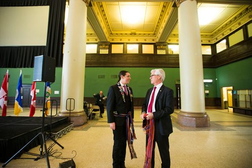 MIKAELA MACKENZIE / WINNIPEG FREE PRESS
Robert-Falcon Ouellette and Jim Carr wait to answer questions after Carr announced funding for initiatives to reduce reliance on diesel fuel in rural and remote communities in Winnipeg, Manitoba on Friday, Feb. 16, 2018. 
180216 - Friday, February 16, 2018.