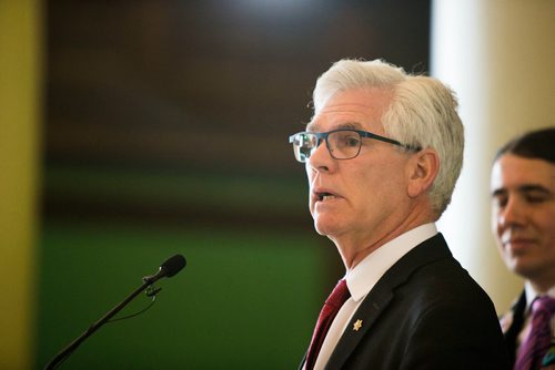 MIKAELA MACKENZIE / WINNIPEG FREE PRESS
Canadas Minister of Natural Resources, Jim Carr, announces funding for initiatives to reduce reliance on diesel fuel in rural and remote communities in Winnipeg, Manitoba on Friday, Feb. 16, 2018. 
180216 - Friday, February 16, 2018.