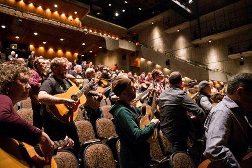 MIKAELA MACKENZIE / WINNIPEG FREE PRESS
Once musical cast members lead guitarists, singers, and other musicians in a large group rendition of "Falling Slowly" at the Royal Manitoba Theatre Centre in Winnipeg, Manitoba on Friday, Feb. 16, 2018. 
180216 - Friday, February 16, 2018.