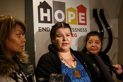 MIKE DEAL / WINNIPEG FREE PRESS
Jolene Wilson (centre), Community Connector with the West Central Women's Resource Centre stands with Destinee Parisien (left) and Diane Plante (right) both board members for the WCWR's First Voice for the Homeless Committee during announcement that a second street census for the homeless will be conducted in April, 2018.
180216 - Friday, February 16, 2018.