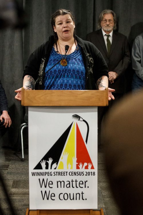 MIKE DEAL / WINNIPEG FREE PRESS
Jolene Wilson, Community Connector with the West Central Women's Resource Centre during the announcement that a second street census for the homeless will be conducted in April, 2018.
180216 - Friday, February 16, 2018.