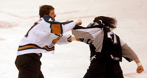 BORIS MINKEVICH / WINNIPEG FREE PRESS 081120 Manitoba Moose #47 Zack FitzGerald fights San Antonio Rampage #27 Adam Keefe in the second period.