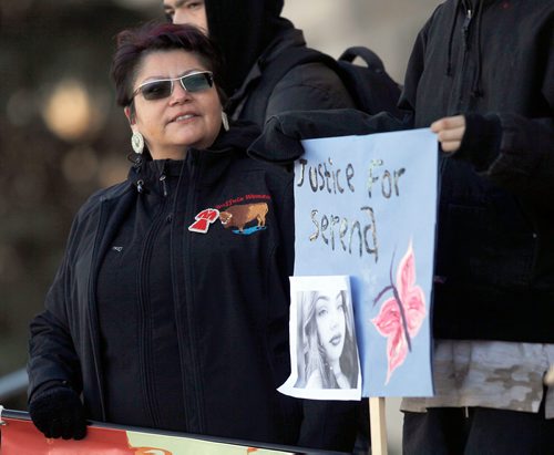 PHIL HOSSACK / WINNIPEG FREE PRESS - A couple of dozen marchers protesting the Sentence in the Serena McKay trial marched from the Legilature Saturday. Serena's mother Delores Daniels among them here. See Bill Redekop story. - February 17, 2018