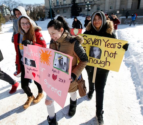 PHIL HOSSACK / WINNIPEG FREE PRESS - A couple of dozen marchers protesting the Sentence in the Serena McKay trial marched from the Legilature Saturday. See Bill Redekop story. - February 17, 2018