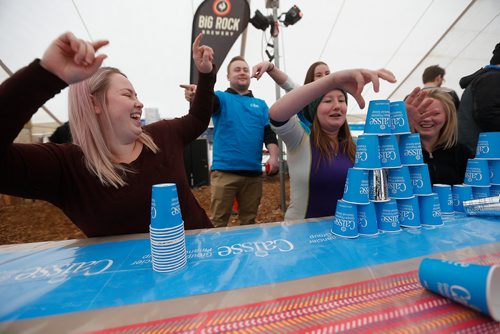 JOHN WOODS / WINNIPEG FREE PRESS
Ashlee Kern (L) celebrates a win in Pyramid over her friends Carole Neudorf and Ayn Sleekern at the Festival du Voyageur in Winnipeg Sunday, February 18, 2017.