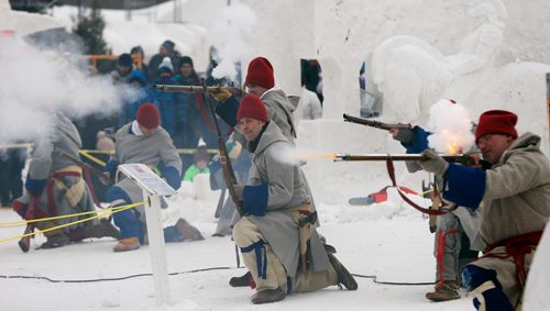 JOHN WOODS / WINNIPEG FREE PRESS
Historical actors perform a Skirmish at The Fort at the Festival du Voyageur in Winnipeg Sunday, February 18, 2017.