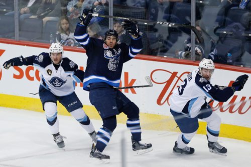 JOHN WOODS / WINNIPEG FREE PRESS
Manitoba Moose Jake Kulevich (14) gets checked by Milwaukee Admirals' Tyler Moy (2) and Yakov Trenin (13) during second period AHL action in Winnipeg on Monday, February 19, 2018.