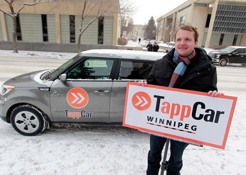 BORIS MINKEVICH / WINNIPEG FREE PRESS
TappCar made a major announcement today across from Winnipeg City Hall today. Pascal Ryffel spoke at the event. They had a car there with the logo on it. Feb. 20, 2018