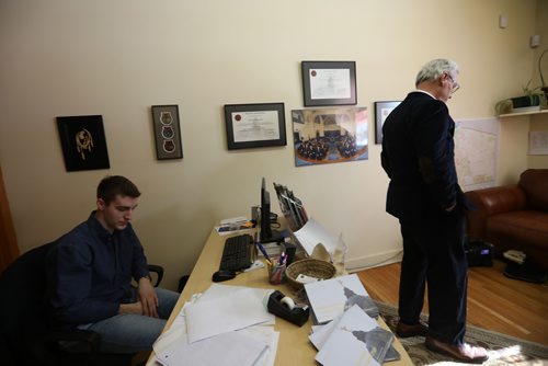 RUTH BONNEVILLE / WINNIPEG FREE PRESS 

Greg Selinger, former leader of the NDP party in Manitoba in his constituency office with constituencies assistant Francois Freynet as the media leaves at the end of the press conference he called to announce his departure from  his position as MLA  Tuesday.

FEB 20, 2018