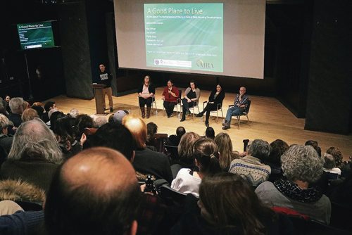 Canstar Community News Feb. 12, 2018 - From left to right: Lenard Monkman, Samantha Goulet, elder Madeline Hatch, project director Carly Sass, Lord Selkirk Park Aja Oliver and University of Winnipeg professor Jim Oliver spoke at the showing of A Good Place to Live. (LIGIA BRAIDOTTI/CANSTAR/TIMES)