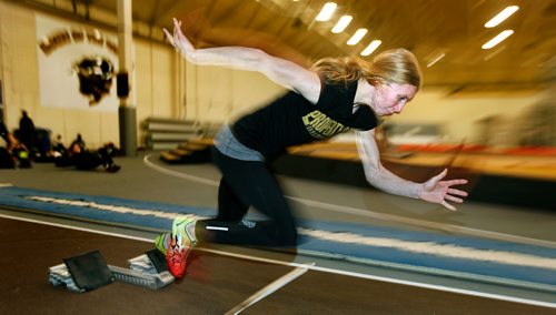 PHIL HOSSACK / WINNIPEG FREE PRESS - Teagan Turner bursts out of the blocks Tuesday, warming up for a triple Jump event this weekend at the Canada West Track and Field event this weekend. Jeff Hamilton story. - February 20, 2018