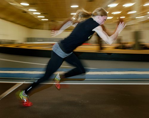 PHIL HOSSACK / WINNIPEG FREE PRESS - Teagan Turner bursts out of the blocks Tuesday, warming up for a triple Jump event this weekend at the Canada West Track and Field event this weekend. Jeff Hamilton story. - February 20, 2018