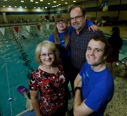 PHIL HOSSACK / WINNIPEG FREE PRESS - Philanthropy-Rebecca Flemming and her parents Carla and Alex pose at Bon Vital Pool with Cameron Krisko, (right) founder of Manitoba SwimAbility. See Kevin Rollason's story. - February 20, 2018