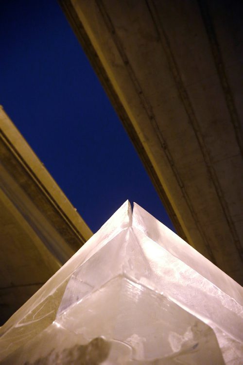 JOHN WOODS / WINNIPEG FREE PRESS
An ice block sculpture sits under the Norwood Bridge and is part of the Warming Hut exhibit on the Red and Assiniboine Rivers in Winnipeg Tuesday, February 20, 2018.