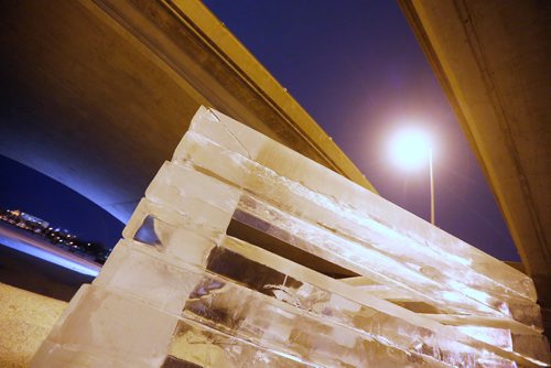 JOHN WOODS / WINNIPEG FREE PRESS
An ice block sculpture sits under the Norwood Bridge and is part of the Warming Hut exhibit on the Red and Assiniboine Rivers in Winnipeg Tuesday, February 20, 2018.