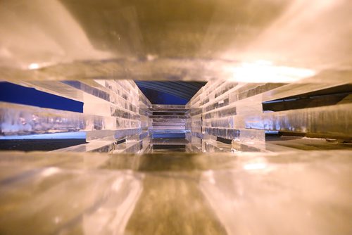 JOHN WOODS / WINNIPEG FREE PRESS
An ice block sculpture sits under the Norwood Bridge and is part of the Warming Hut exhibit on the Red and Assiniboine Rivers in Winnipeg Tuesday, February 20, 2018.