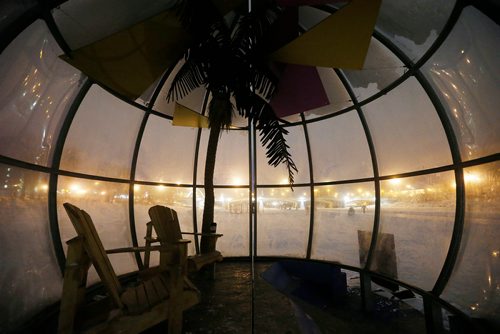 JOHN WOODS / WINNIPEG FREE PRESS
The Norwood Bridge is seen through Greetings From Bubble Beach which is part of the Warming Hut exhibit on the Red and Assiniboine Rivers in Winnipeg Tuesday, February 20, 2018.