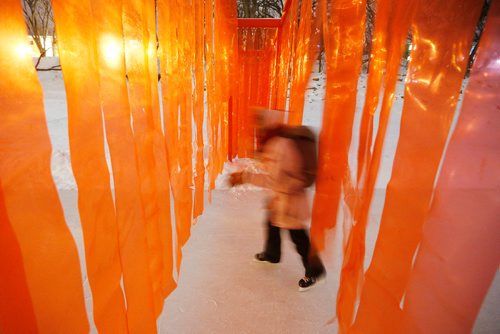 JOHN WOODS / WINNIPEG FREE PRESS
A skater passes through Open Border which is part of the Warming Hut exhibit on the Red and Assiniboine Rivers in Winnipeg Tuesday, February 20, 2018.