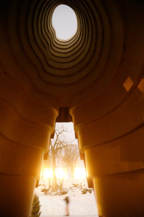 JOHN WOODS / WINNIPEG FREE PRESS
A skater passes The Trunk which is part of the Warming Hut exhibit on the Red and Assiniboine Rivers in Winnipeg Tuesday, February 20, 2018.