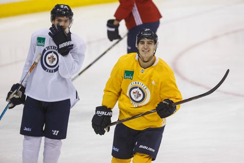 MIKE DEAL / WINNIPEG FREE PRESS
Winnipeg Jets' Brandon Tanev (13) and Jack Roslovic (52), during practice at Bell MTS Place Thursday morning.
180222 - Thursday, February 22, 2018.