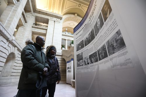 RUTH BONNEVILLE / WINNIPEG FREE 
PRESS 

Theodore Aboagye and his daughter Elise Sintim-Aboagye, look at the 10 panels set up on the main floor of the Manitoba Legislative Building which depict Black Canadians journey and experiences to Canada.  The display which is called On The Road North, is a government of Canada travelling exhibit and was set up Thursday morning as part of Black History month.  The display is set up at around the grand staircase until Feb 28th.  

Standup photo  



FEB 22, 2018