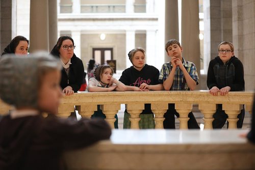 RUTH BONNEVILLE / WINNIPEG FREE 
PRESS 


Students from  Baker Hutterite Colony  gather in the rotunda  while on tour of the Manitoba Legislative Thursday.

Standup photo  



FEB 22, 2018