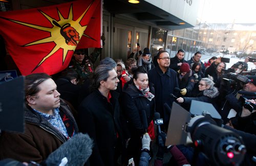 PHIL HOSSACK / WINNIPEG FREE PRESS - Left to Right, SCO Grand Chief Jerry Daniels, AMC Grand Chief Arlen Dumas, MKO Grand Chief Sheila North, and Regional AFN Chief Kevin Hart face the media outside the Winnipeg Courthouse Thursday after Raymond Cormier was found not guilty in the murder of Tina Fontaine. See story.  - February 22, 2018