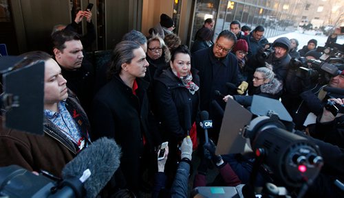 PHIL HOSSACK / WINNIPEG FREE PRESS - Flanked by other Chiefs, Chief Shiela North glares into the camera at a scrum outside  the Winnipeg Courthouse Thursday after Raymond Cormier was found not guilty in the murder of Tina Fontaine. See story.  - February 22, 2018