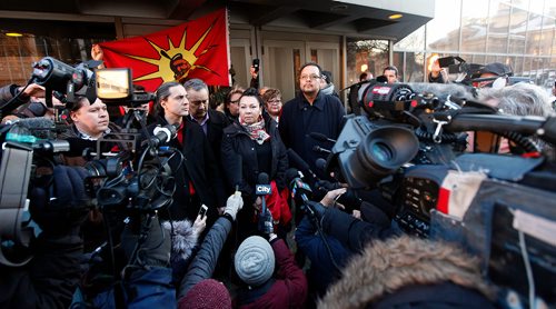PHIL HOSSACK / WINNIPEG FREE PRESS - MKO Grand Chief Sheila North (centre) faces the media outside the Winnipeg Courthouse Thursday after Raymond Cormier was found not guilty in the murder of Tina Fontaine. See story.  - February 22, 2018