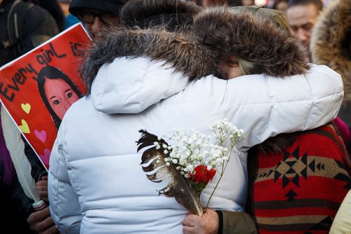 MIKE DEAL / WINNIPEG FREE PRESS
Thelma Favel gathers with loved ones in front of the Law Courts building to prior to the start of  the Walk in honour of Tina Fontaine which ended at The Forks where Favel spoke to a few hundred people.
180223 - Friday, February 23, 2018.