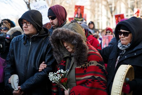 MIKE DEAL / WINNIPEG FREE PRESS
Thelma Favel gathers with loved ones in front of the Law Courts building to prior to the start of  the Walk in honour of Tina Fontaine which ended at The Forks where Favel spoke to a few hundred people.
180223 - Friday, February 23, 2018.