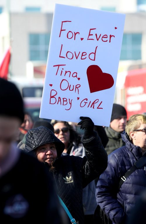 RUTH BONNEVILLE / WINNIPEG FREE PRESS

Hundreds of people march from the Law Courts to the the Forks holding signs  in support of Tina Fontaine's family members after a not guilty verdict was issued to Tina's accused killer, Raymond Cormier, Thursday.  

February 23, 2018
