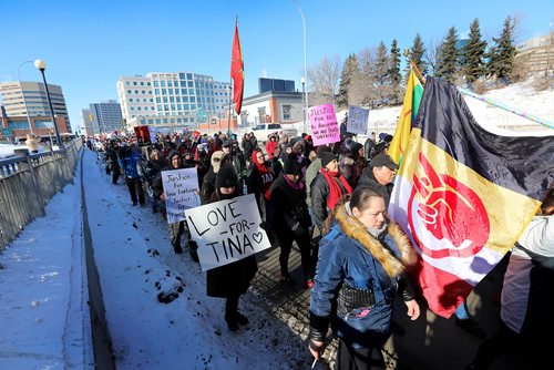 RUTH BONNEVILLE / WINNIPEG FREE PRESS

Hundreds of people march from the Law Courts to the the Forks holding signs  in support of Tina Fontaine's family members after a not guilty verdict was issued to Tina's accused killer, Raymond Cormier, Thursday.  

February 23, 2018

