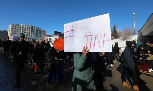 RUTH BONNEVILLE / WINNIPEG FREE PRESS

Hundreds of people march from the Law Courts to the the Forks holding signs  in support of Tina Fontaine's family members after a not guilty verdict was issued to Tina's accused killer, Raymond Cormier, Thursday.  

February 23, 2018