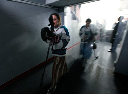 PHIL HOSSACK / WINNIPEG FREE PRESS - Flush in the face after a loss in overtime to the Iron Maindens at a charity event in MacGregor, Anya Wurtz heads back to the dressing room with the Baker Storm. See Melissa Martin's story. February 23, 2018