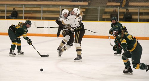 TREVOR HAGAN / WINNIPEG FREE PRESS
Manitoba Bisons Lauryn Keen (23) collides with teammate Mekaela Fisher (19) while playing against the Alberta Pandas, Friday, February 23, 2018.