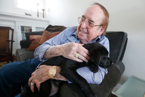 JOHN WOODS / WINNIPEG FREE PRESS
Jim Gauthier holds Joycie, future Canadian National Institute for the Blind (CNIB) guide dog, in her foster home Monday, February 26, 2018. Joycie, who is named after Gauthier's late wife, arrived in Canada last week from a breeder in Australia, along with her sister Lulu. The two pups are the first guide dogs the CNIB will train here in Winnipeg with Gauthier's financial support. 
