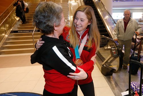JOHN WOODS / WINNIPEG FREE PRESS
Kaitlyn Lawes of Winnipeg, gold in mixed doubles curling, gets a hug from her mother Cheryl as she arrives home from the winter olympics Monday, February 26, 2018.
