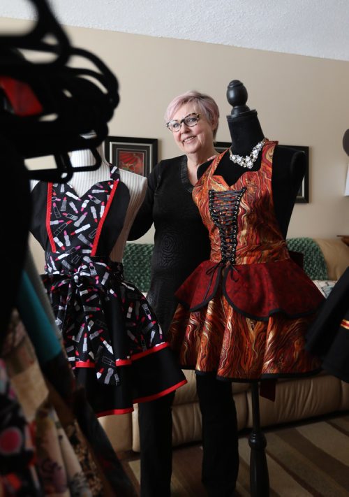 RUTH BONNEVILLE / WINNIPEG FREE PRESS

49.8 Intersection Piece
Photos of Emily Schimnowski at her home business,  Aprons byemilyrose. 
Emily, a grandma, has been crafting what she refers to as "fun, flirty and foxy" aprons. They're functional as they are eye-catching. Photos of Emily showing off a few of her creations including pillows, dolls and pin cushions and also in her sewing room where she does her work.

Dave Sanderson story. 

FEB 26, 2018
