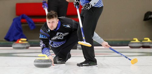 PHIL HOSSACK / WINNIPEG FREE PRESS -  TEAM CARRUTHERS - Carruthers Third, Braeden Moskowy looks down ice while throwing during a practice session at the Granit CC Tuesday afternoon. See Jay Bell's story.  - February 27, 2018