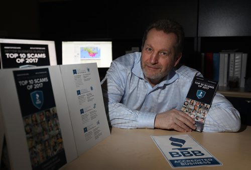 RUTH BONNEVILLE / WINNIPEG FREE PRESS

Biz: Len Andrusiak CEO of the Manitoba, NW Ontario BBB, shows pamphlets and ads announcing online new website identifying the top 100 scams and maps on where they have been recorded.  

See story.  

FEB 27, 2018