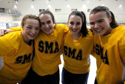 PHIL HOSSACK / WINNIPEG FREE PRESS - St Mary's Academy's RIGHT TO LEFT Lexi Cheveldayoff, Kate Bumstead, Laine Nichols, Hailey Karbonik pose during a scrimmage at the Ice Plex Tuesday. Mike Sawatzky story.   - February 27, 2018