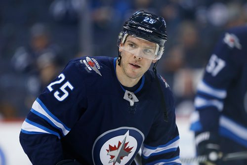 JOHN WOODS / WINNIPEG FREE PRESS
Winnipeg Jets' Paul Stastny (25) skates during warm up prior to first period NHL action against the Nashville Predators in Winnipeg on Tuesday, February 27, 2018.